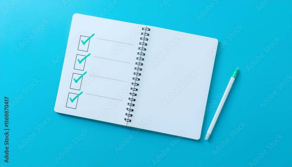 A blank notebook with a checklist being filled in and the last box being checked