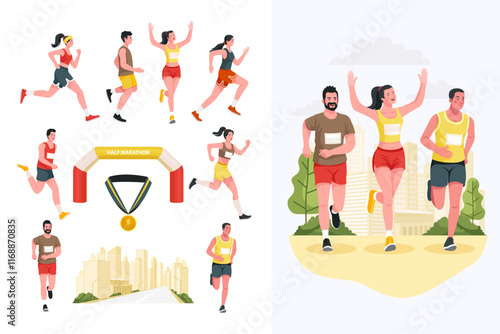 Hand drawn flat city marathon icons with illustration set collection