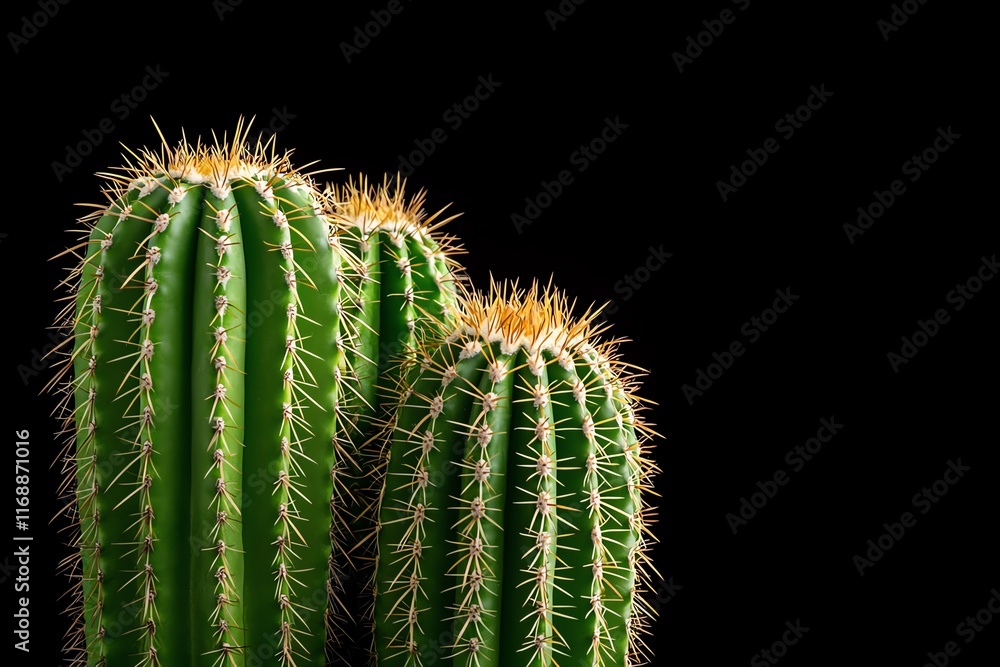 Two tall cacti with prominent spines against a black background, showcasing their vibrant green color and unique texture. Two tall cacti with prominent spines against a black background, showcasing their vibrant green color and unique texture.