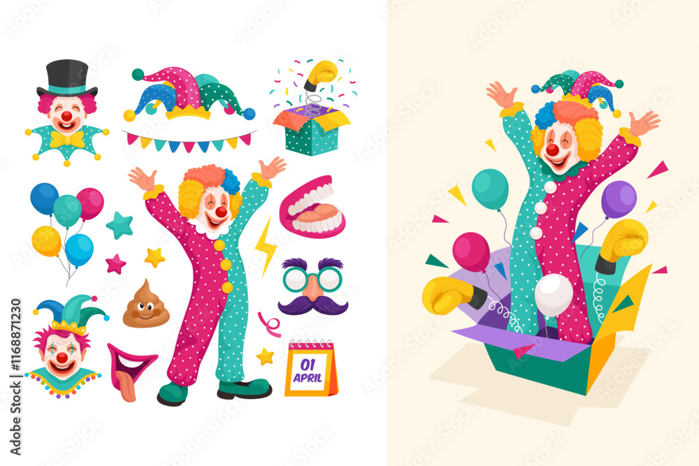 Fototapeta premium Hand drawn flat april fools day icons with illustration set collection with clown