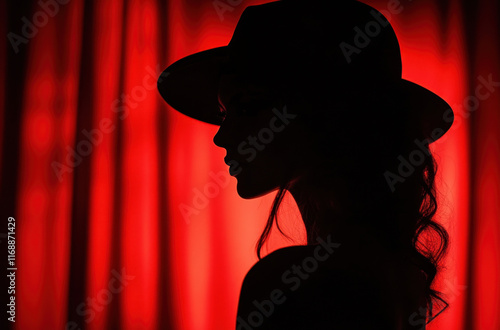 An attractive woman wearing a stylish hat is captured in silhouette against a vibrant red backdrop. The soft lighting highlights her profile, creating a striking visual effect.