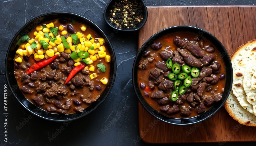 Delicious Beef Chili with Colorful Vegetables in Elegant Black Bowls and Rustic Wooden Board Delicious Beef Chili with Colorful Vegetables in Elegant Black Bowls and Rustic Wooden Board