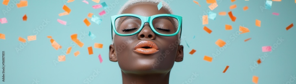 Fototapeta premium Celebratory beauty portrait studio fashion colorful confetti close-up joyful expression