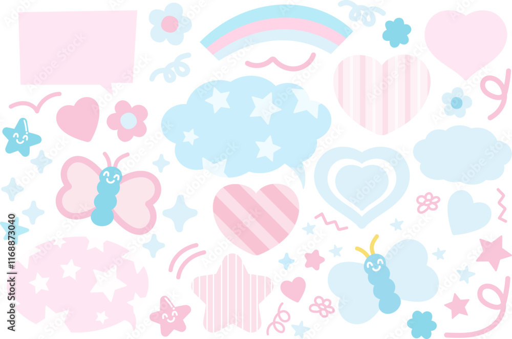 Pastel vector illustrations of butterfly, rainbow, hearts, stars for Valentine card, love sign, logo, background, backdrop, wallpaper, sticker, text bubbles, text, message, decoration, Pride Month Pastel vector illustrations of butterfly, rainbow, hearts, stars for Valentine card, love sign, logo, background, backdrop, wallpaper, sticker, text bubbles, text, message, decoration, Pride Month