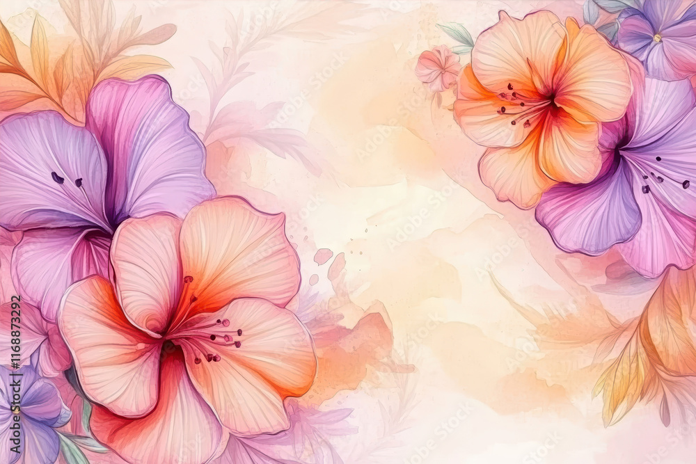 Obraz premium Watercolor Floral Background Featuring Pastel Blooms in Soft Hues for Artistic Inspiration