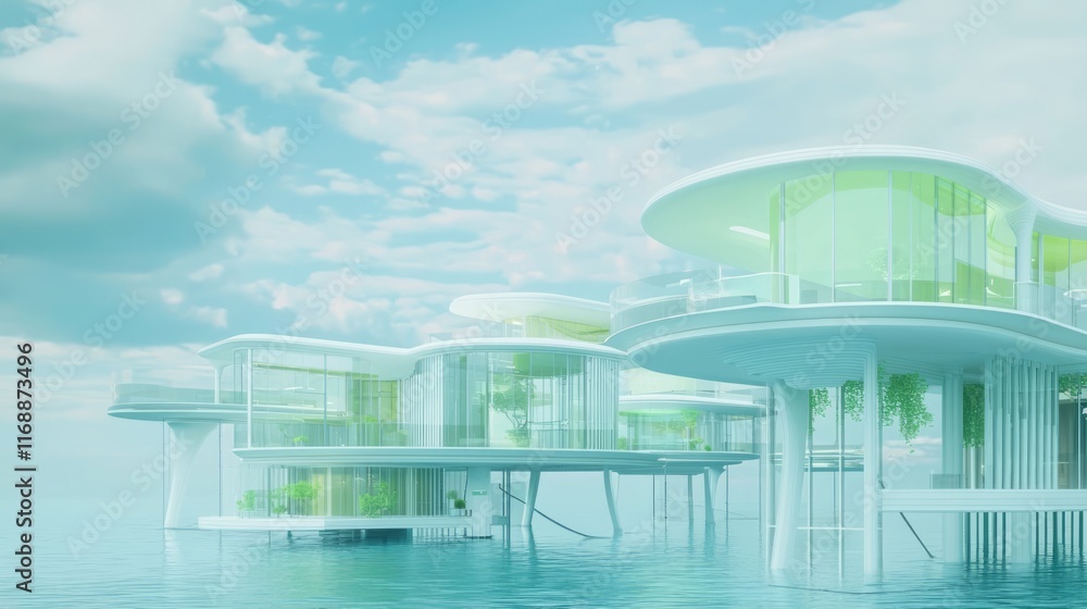 Fototapeta premium Modern Floating Residences with Green Steel Framework in Futuristic China