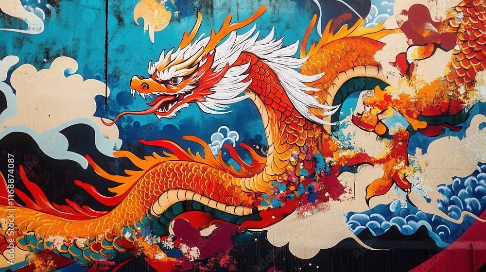 Vibrant Street Art of Dragon and Phoenix Motifs Vibrant Street Art of Dragon and Phoenix Motifs