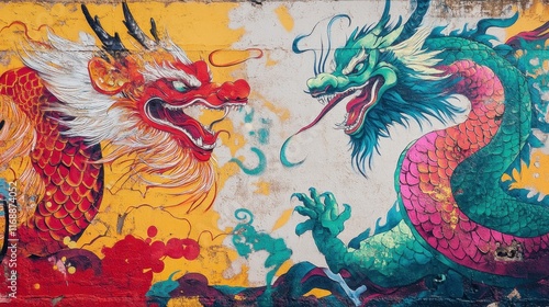 Colorful Street Art Featuring Dragon and Phoenix photo