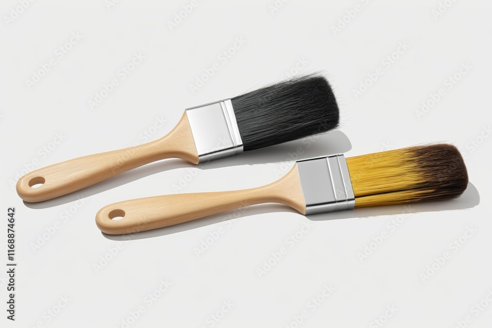 two paint brushes with wooden handles on a white surface two paint brushes with wooden handles on a white surface