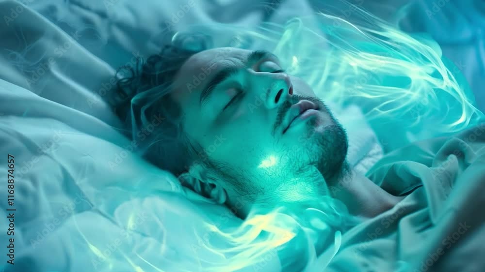 This man lies peacefully asleep, enveloped in mysterious glowing mist suggesting a dreamlike state. This man lies peacefully asleep, enveloped in mysterious glowing mist suggesting a dreamlike state.