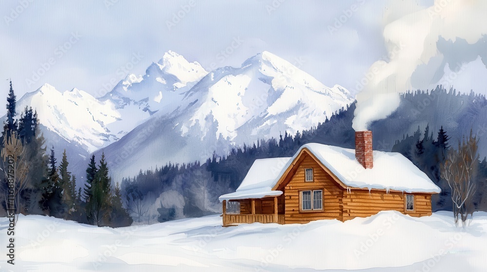A cozy wooden cabin surrounded by snow-covered mountains and evergreen trees, with smoke billowing from the chimney, creating a serene winter scene. A cozy wooden cabin surrounded by snow-covered mountains and evergreen trees, with smoke billowing from the chimney, creating a serene winter scene.