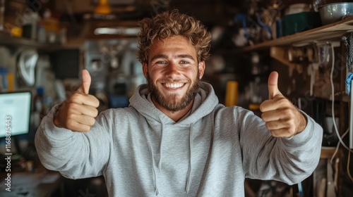 A cheerful young man in a hoodie, with curly hair and beard, enthusiastically gives a thumbs up in a bustling workshop, representing positivity and craftsmanship. photo