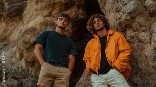 Two young men pose confidently against a rugged rocky backdrop, wearing casual attire that complements the natural surroundings with a sense of adventure. photo