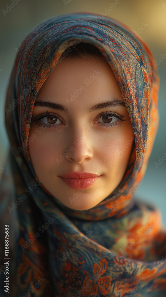 A close-up portrait of a woman in a beautifully patterned hijab, serene expression, soft warm lighting, and a blurred background highlighting her cultural pride A close-up portrait of a woman in a beautifully patterned hijab, serene expression, soft warm lighting, and a blurred background highlighting her cultural pride