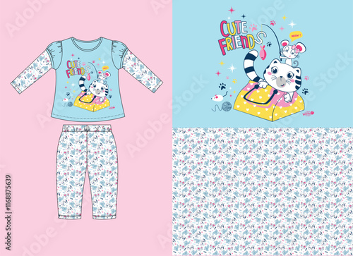 Stylish girls’ clothing set featuring vibrant patterned t-shirt and trousers in cheerful design
