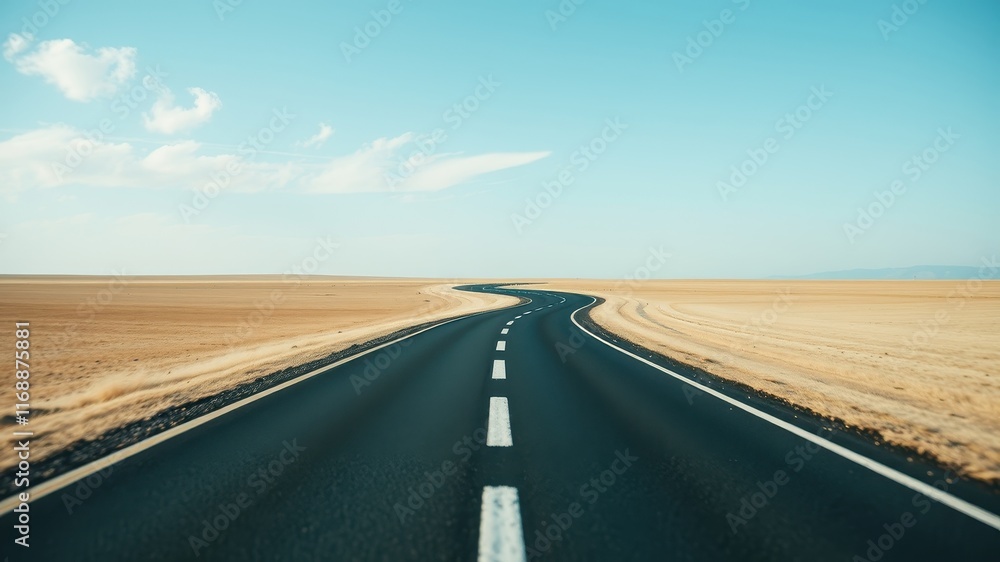 Fototapeta premium Asphalt road curving through a desolate, sandy landscape under a clear sky, symbolizing journey and adventure