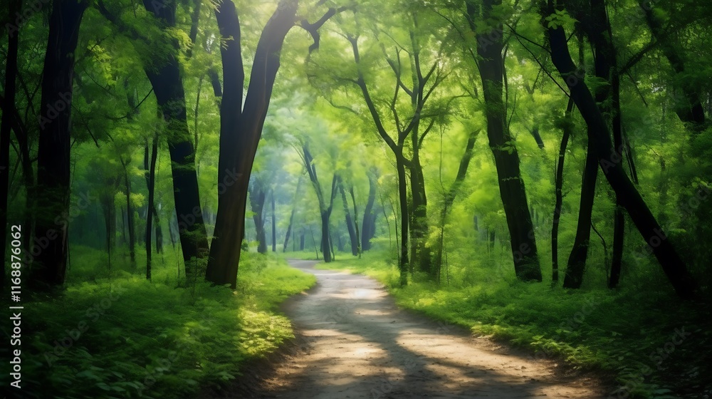 Naklejka premium Sunlit Path Through Lush Green Forest Trees