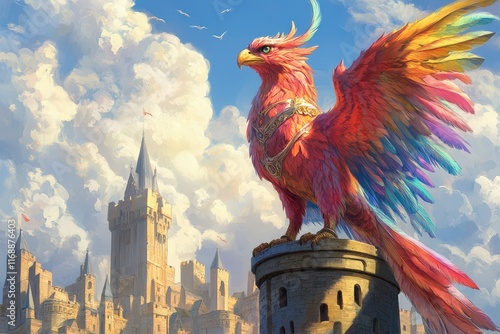 Majestic Rainbow Gryphon Perched Upon Castle Tower photo