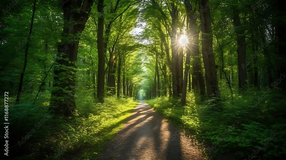 Obraz premium Sunlit Path Through Lush Green Forest Canopy