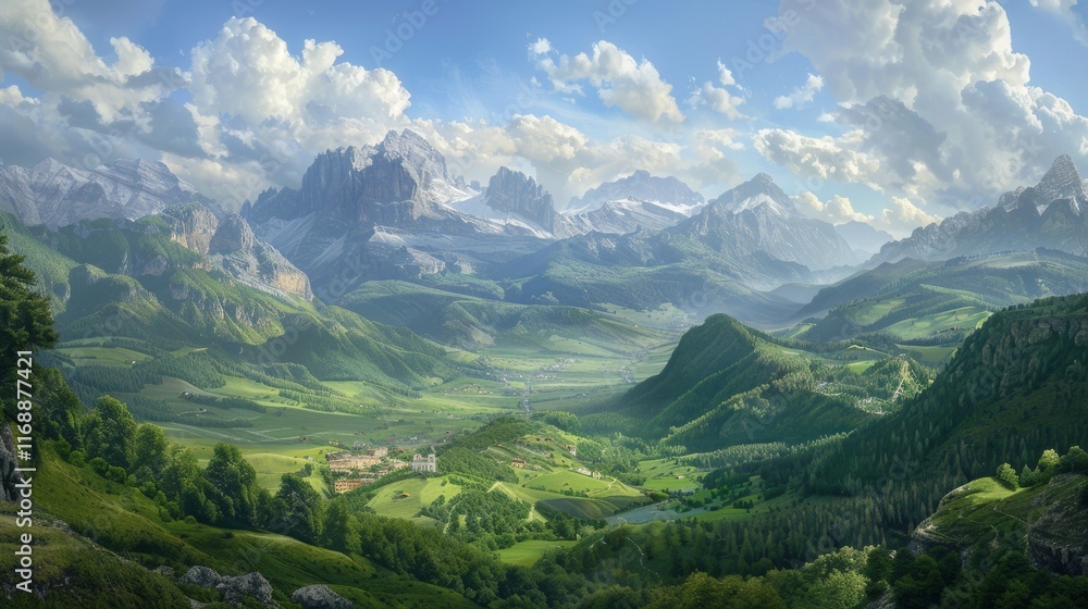Obraz premium Idyllic Green Valley with Cozy Village, Majestic Mountains, and Fantasy Landscape under Cinematic Blue Sky