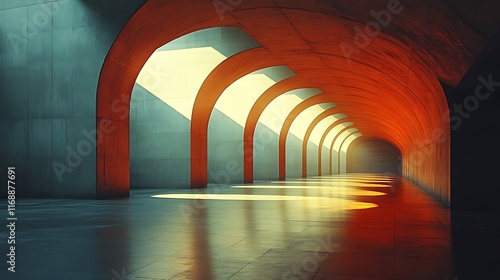 Abstract Architectural Corridor With Arched Walls And Warm Lighting