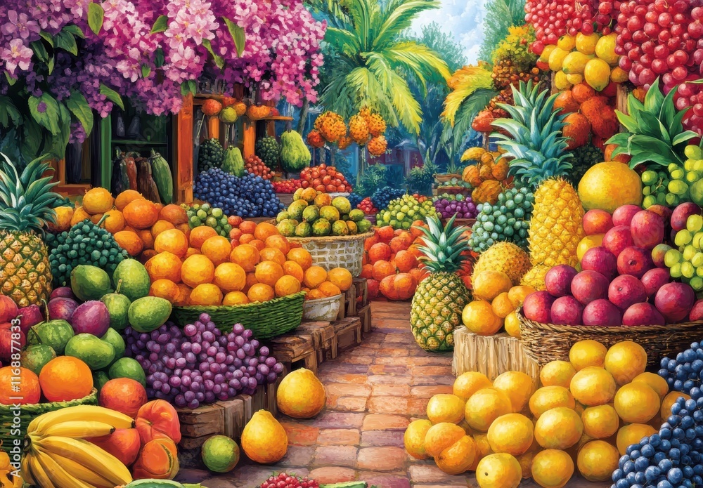 Vibrant Fruit Market Scene Featuring an Abundance of Fresh Produce, Lush Foliage, and Colorful Flowers Capturing the Essence of Tropical Harvest and Local Agriculture Vibrant Fruit Market Scene Featuring an Abundance of Fresh Produce, Lush Foliage, and Colorful Flowers Capturing the Essence of Tropical Harvest and Local Agriculture