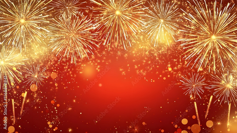 golden fireworks with Chinese patterns on red blank text area golden fireworks with Chinese patterns on red blank text area