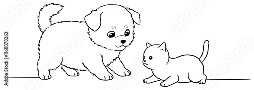 Vector outline art of a cute puppy and kitty playing together 