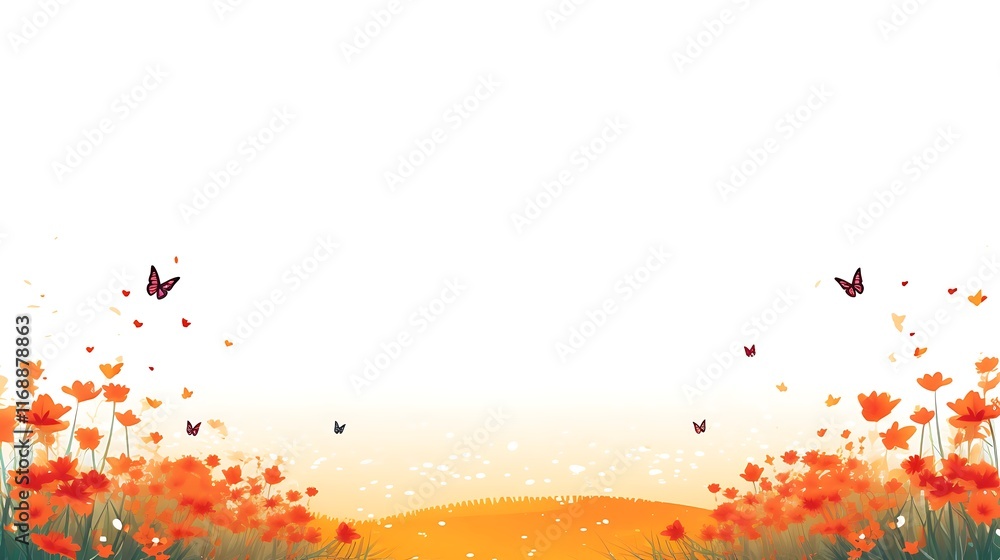 Obraz premium Orange Flowers Butterflies Peaceful Landscape Scene