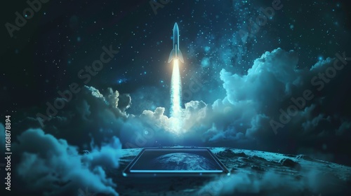 Futuristic Conceptual Photo. Startup Concept. Rocket Take-off and Released from Digital Tablet to Space. Mission to Moon. Symbol of Success
