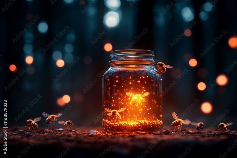 A magical honey jar glowing softly, surrounded by enchanted bees with sparkling wings in a mystical forest setting A magical honey jar glowing softly, surrounded by enchanted bees with sparkling wings in a mystical forest setting