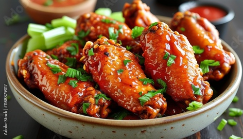 Delicious Buffalo Wings Served with Celery Sticks in a Rustic Bowl from Top Down View