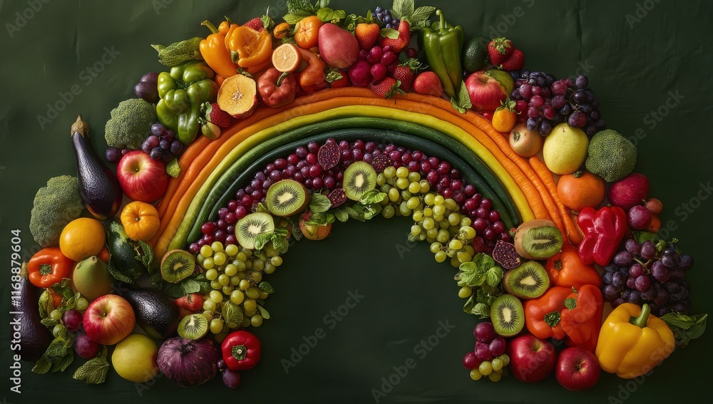 Vibrant Rainbow Arrangement of Fresh Fruits and Vegetables on Dark Background Showcasing Nature’s Bounty in a Colorful Presentation for Healthy Eating and Nutrition Concepts Vibrant Rainbow Arrangement of Fresh Fruits and Vegetables on Dark Background Showcasing Nature’s Bounty in a Colorful Presentation for Healthy Eating and Nutrition Concepts