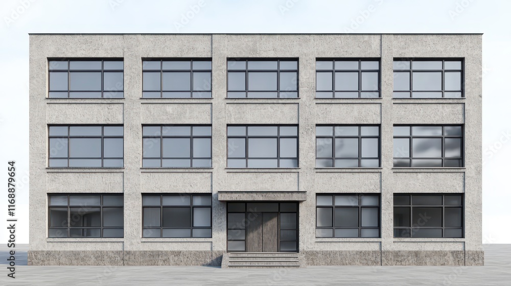 Modern Concrete Building with Large Windows and Clear Sky Background Modern Concrete Building with Large Windows and Clear Sky Background