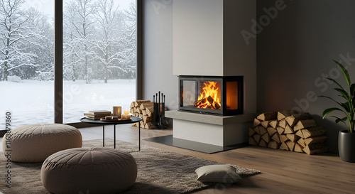 cozy living room of this smart home is a winter wonderland, with a crackling fireplace and soft snow falling outside large windows, creating a cozy and inviting atmosphere