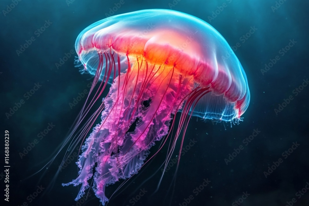 A mysterious deep-sea jellyfish glowing in red and purple hues, suspended in pitch-black water A mysterious deep-sea jellyfish glowing in red and purple hues, suspended in pitch-black water