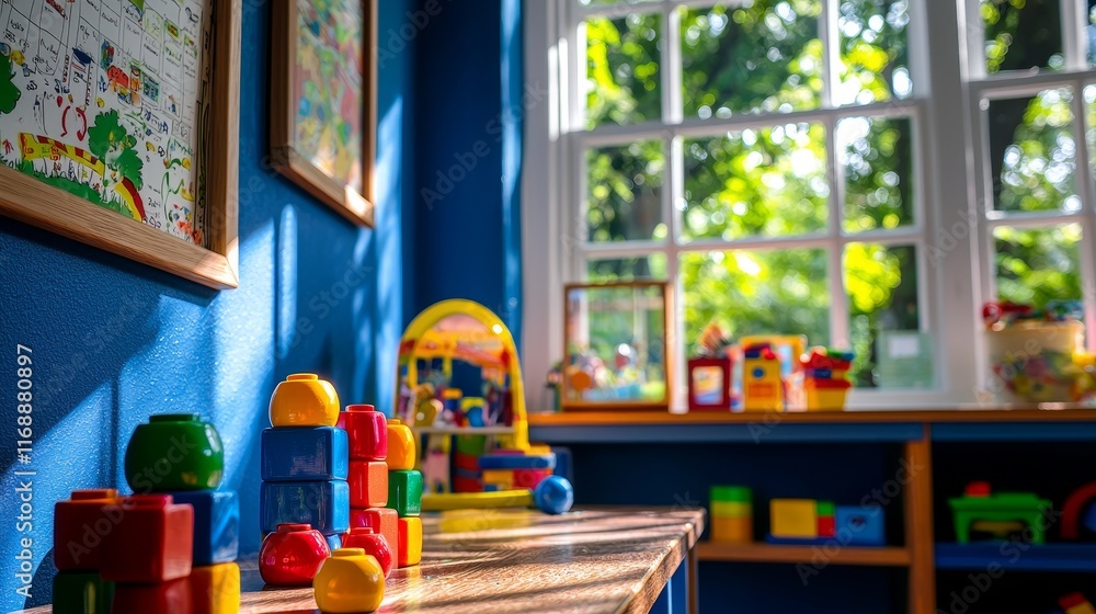 Fototapeta premium A bright blue table in a blurred classroom setting is dotted with colorful alphabet blocks, toys, and learning materials, illuminated by gentle natural light