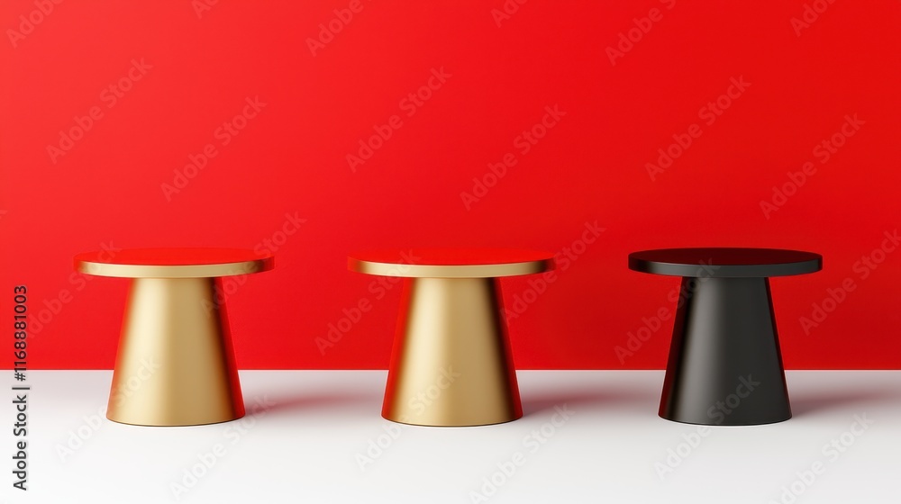Geometric Tables in Gold, Black, and Red Against Bright Background Geometric Tables in Gold, Black, and Red Against Bright Background