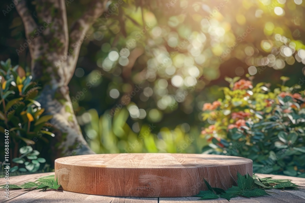 Wooden podium under a tree branches in forest Wooden podium under a tree branches in forest