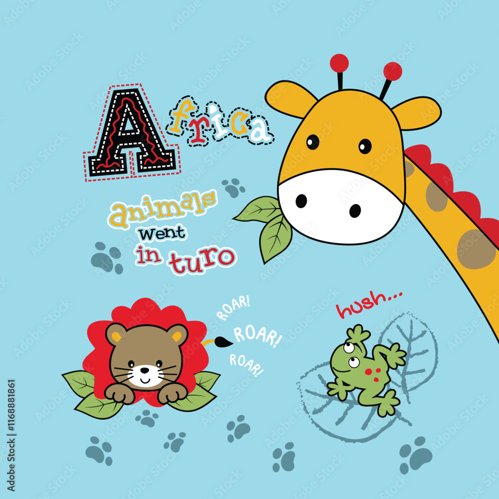 Fototapeta premium Adorable giraffe vector illustration playing happily with animal friends in a vibrant zoo scene 