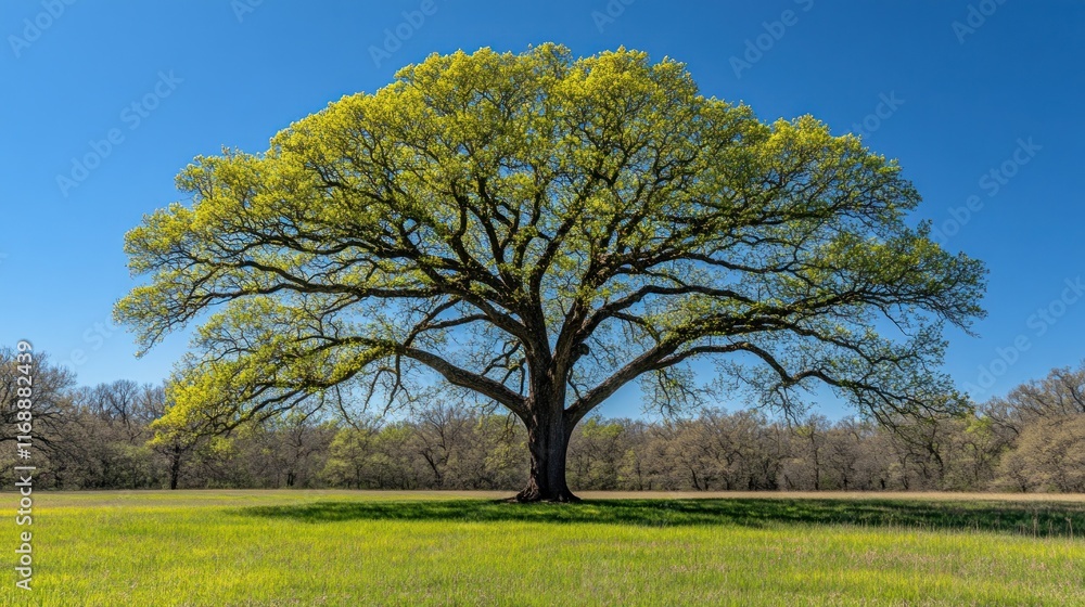 Majestic oak tree in spring, vibrant green leaves, sunny meadow. Majestic oak tree in spring, vibrant green leaves, sunny meadow.