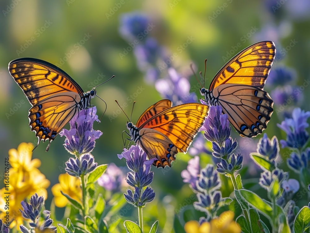 A close-up of a vibrant many butterflys perched on a blooming flower during spring season A close-up of a vibrant many butterflys perched on a blooming flower during spring season