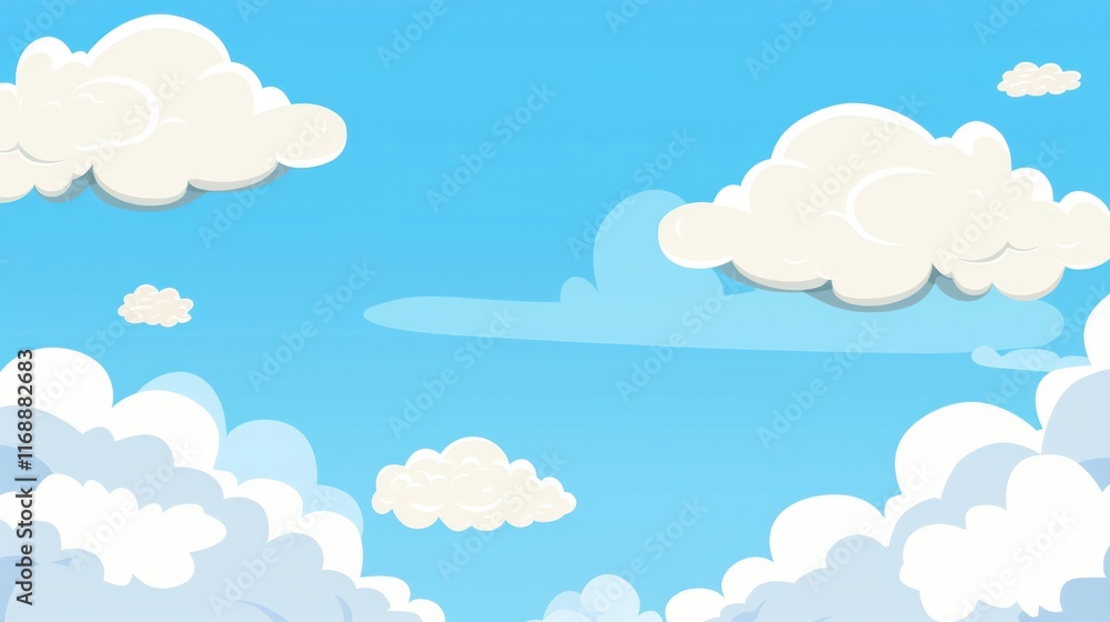 Blue sky with white clouds simple background in the style of cartoon flat design illustration morning Blue sky with white clouds simple background in the style of cartoon flat design illustration morning