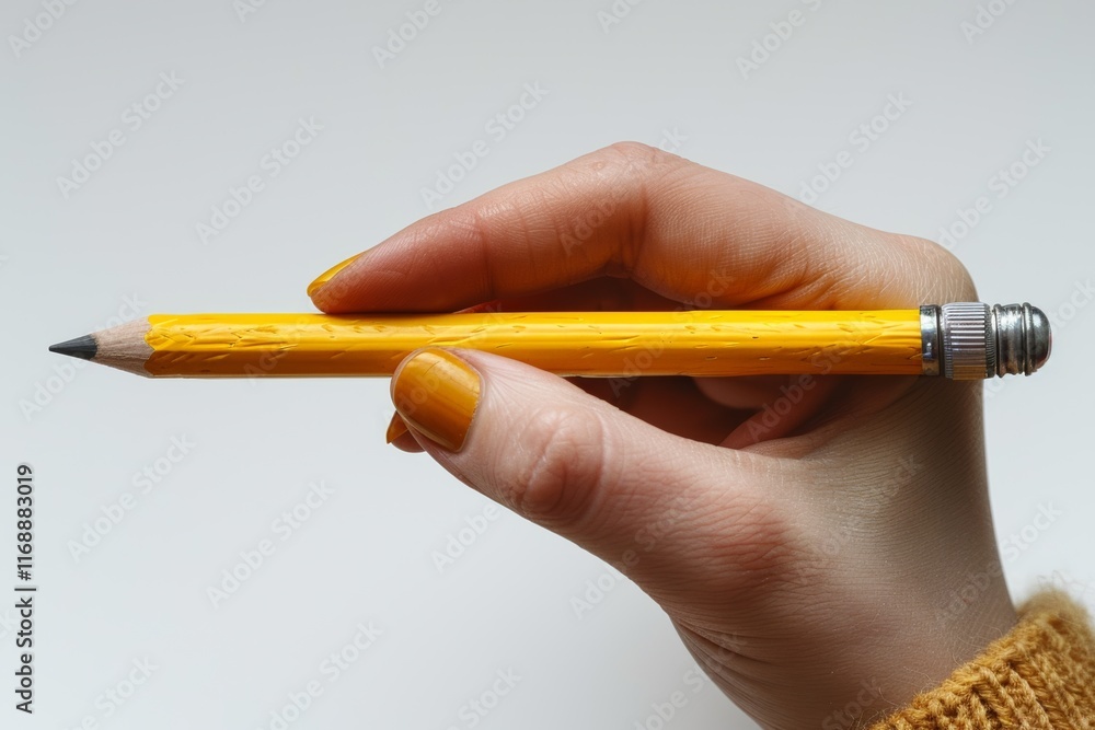 A yellow wooden pencil with a sharp tip is held in a hand, highlighting its functionality against and isolated on a plain white background. A yellow wooden pencil with a sharp tip is held in a hand, highlighting its functionality against and isolated on a plain white background.