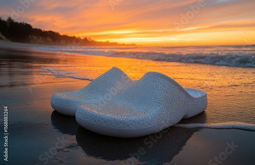 A pair of chic slip-on sandals embellished with crystals, set on a serene pebble shore. The blend of shimmering design and beach backdrop creates a luxurious yet calming vibe. photo