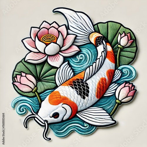 Intricate embroidered-style patch featuring a koi fish swimming among lotus flowers and lily pads, surrounded by swirling water details.