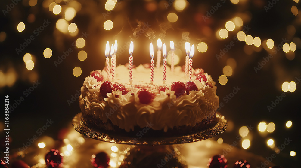 Celebratory Cake on Table with Warm Golden Candle Glow Celebratory Cake on Table with Warm Golden Candle Glow