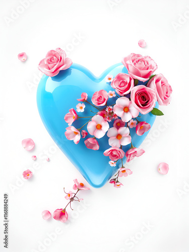 A polished 3D image of a glossy blue heart adorned with pink roses and a gentle cascade of tiny flowers, ending in petals of various hues. The white background is dotted with light pink bubbles of dif photo