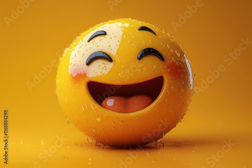 3d rendering of a yellow laughing emoticon with tears exuding joy and humor featuring a glossy finish and playful expression perfect for conveying happiness in digital media