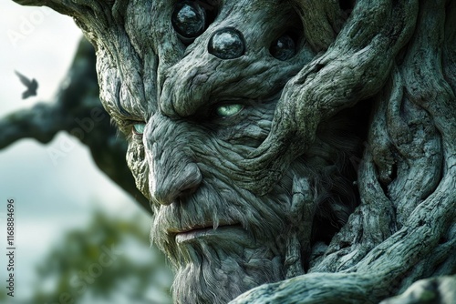 Ancient Tree Being With Emerald Eyes Gazes Outward